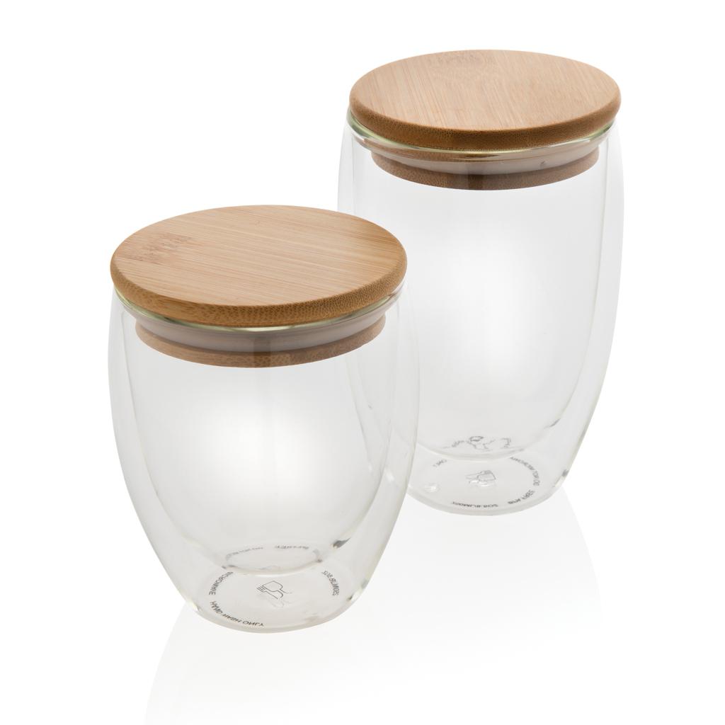 Set de 2 pahare din sticlă borosilicată cu perete dublu și capac din bambus, 350 ml transparent