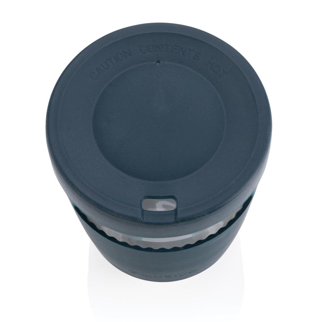 Pahar din sticlă borosilicată cu capac și manșon din silicon Ukiyo  navy