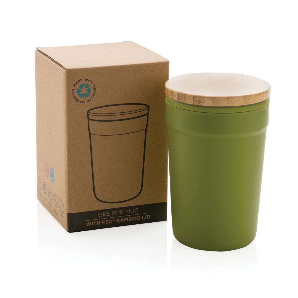 Cană din PP reciclat certificată GRS cu capac din bambus green