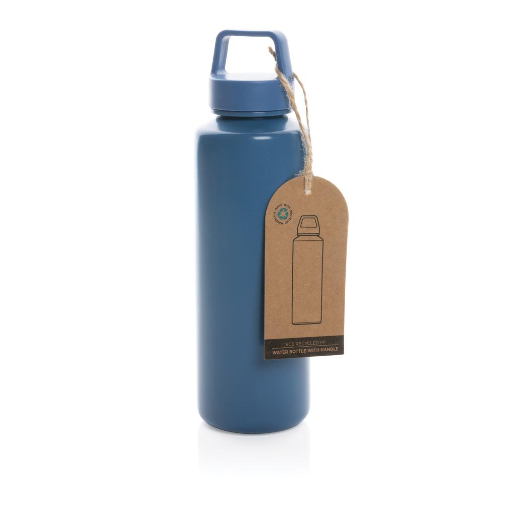 Sticlă de apă din PP reciclat, certificată RCS, cu mâner blue