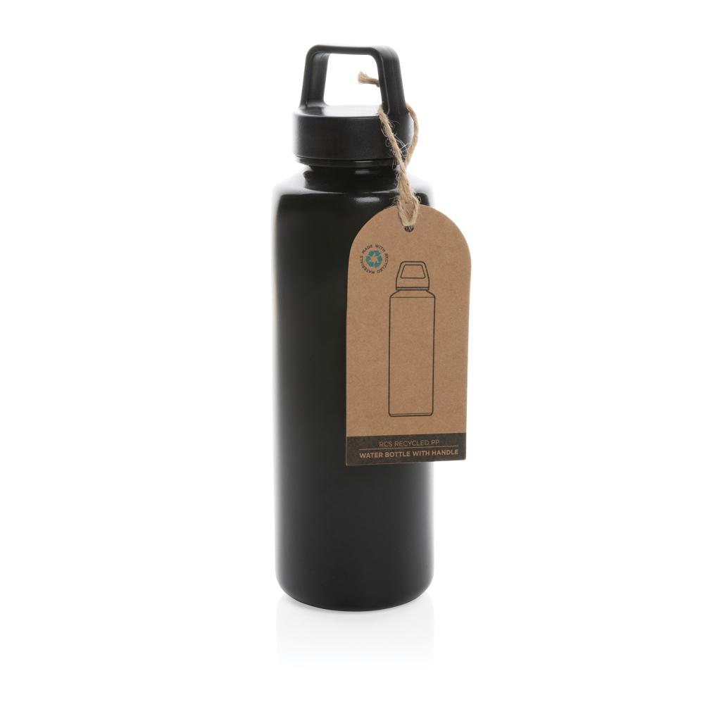 Sticlă de apă din PP reciclat, certificată RCS, cu mâner black
