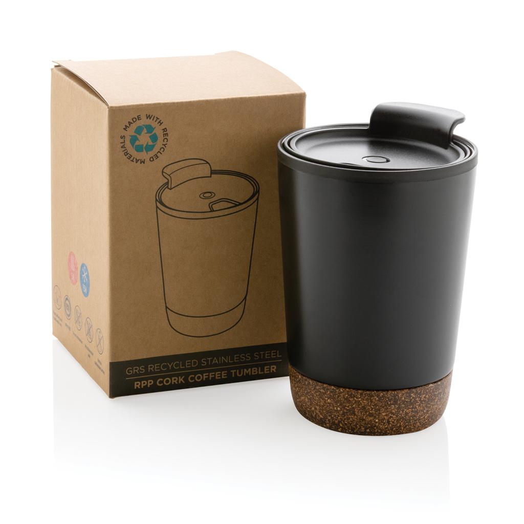 Cană de cafea din oțel inoxidabil cu bază din plută, din RPP reciclat GRS black