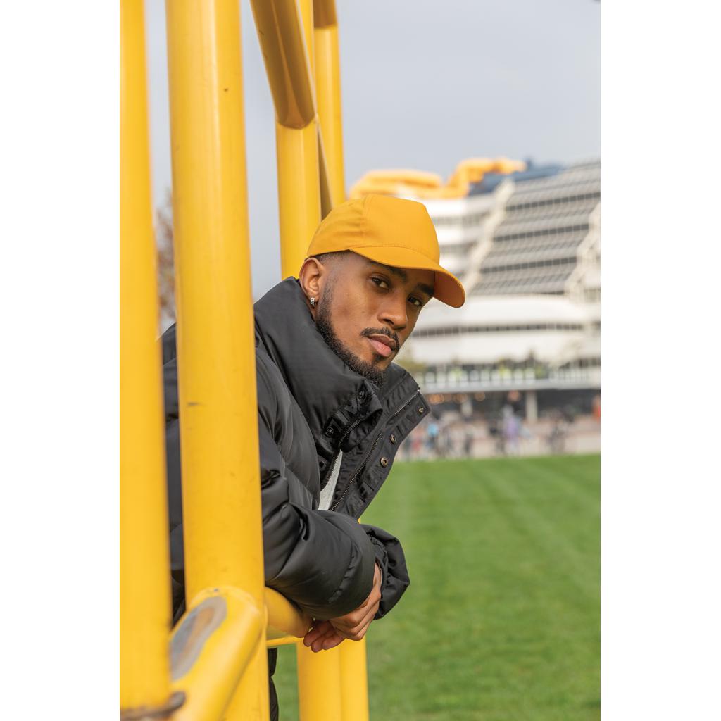 Șapcă cu 5 panouri din bumbac reciclat de 190gr, cu tracer AWARE™ Impact yellow