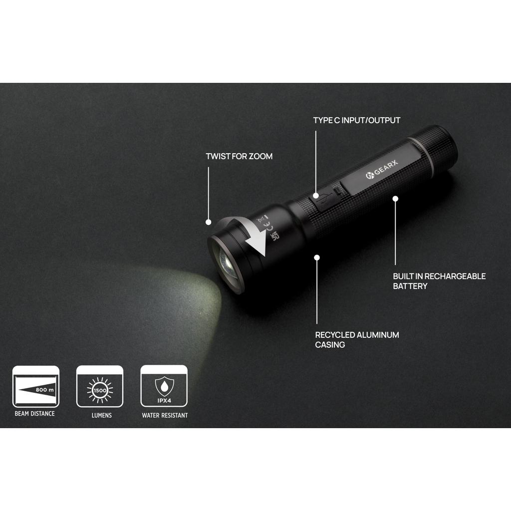 Lanternă heavy duty, din aluminiu reciclat RCS, reîncărcabilă prin USB black