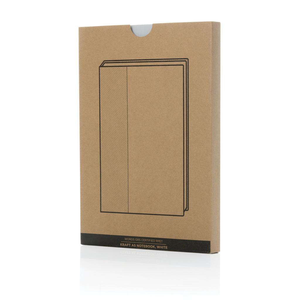 Caiet A5 din kraft și RPET reciclat, certificat GRS Words off white