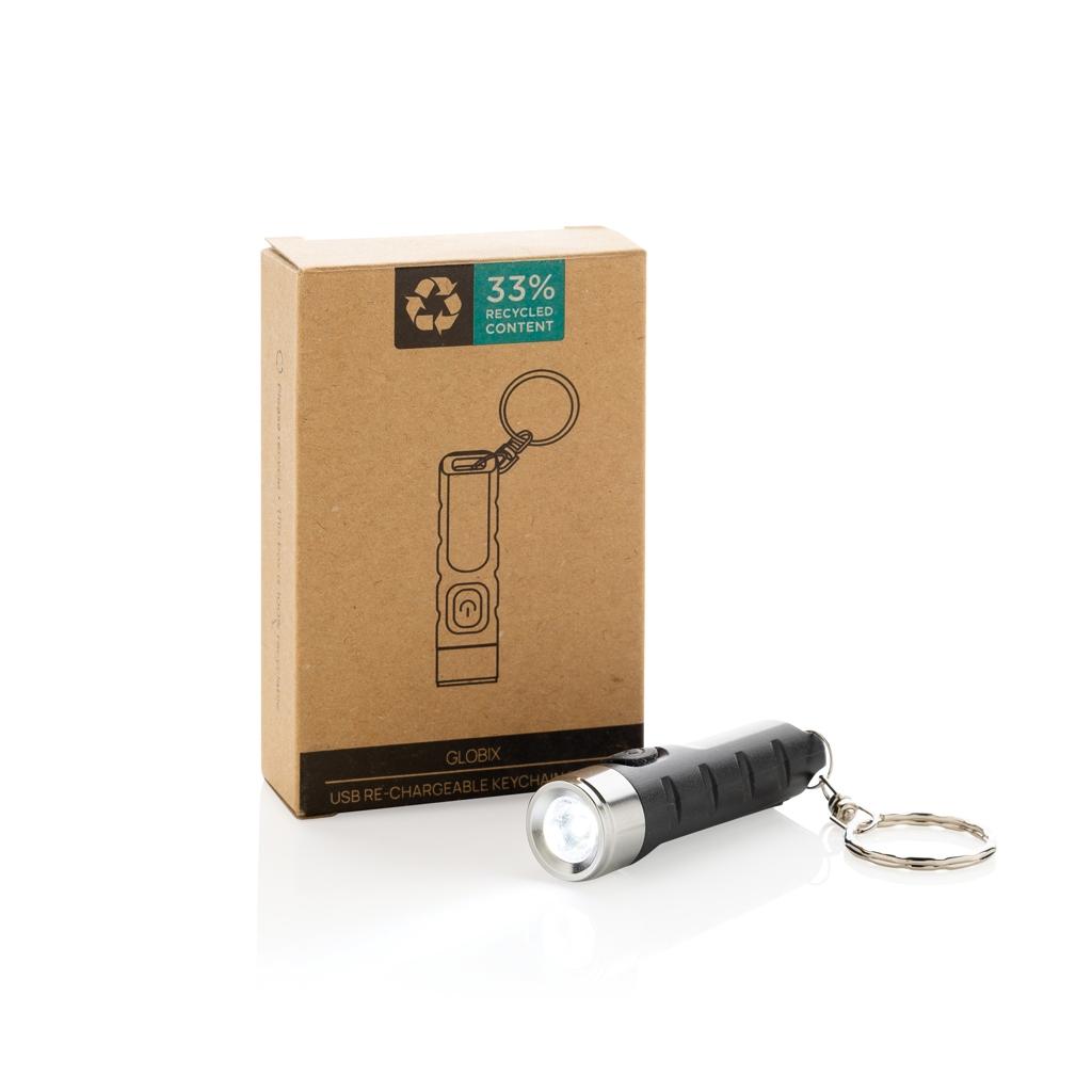 Globix RCS recycled plastic USB re-chargeable keychain torch black