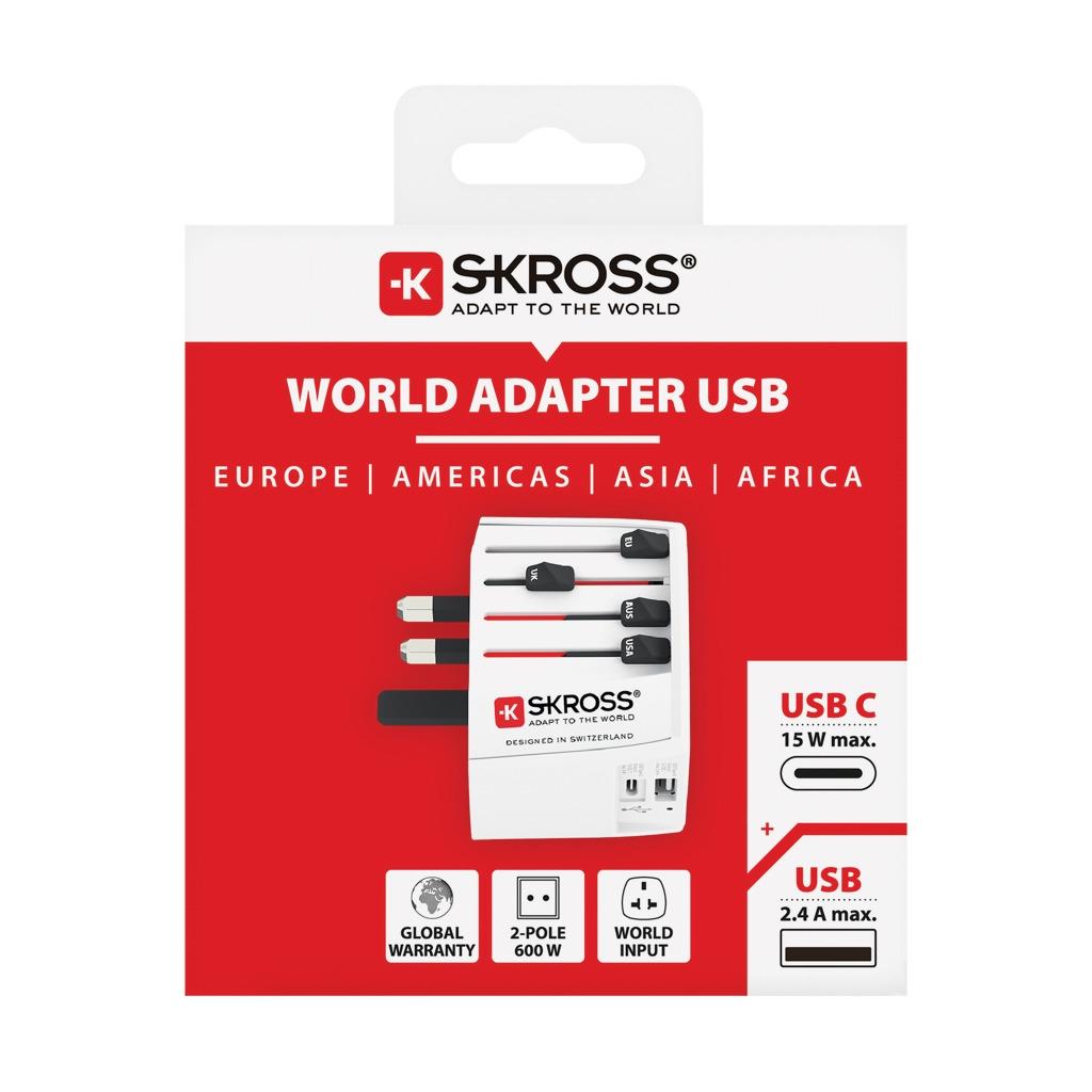 SKROSS World Travel Adapter MUV 2-pole with USB A and C transparent