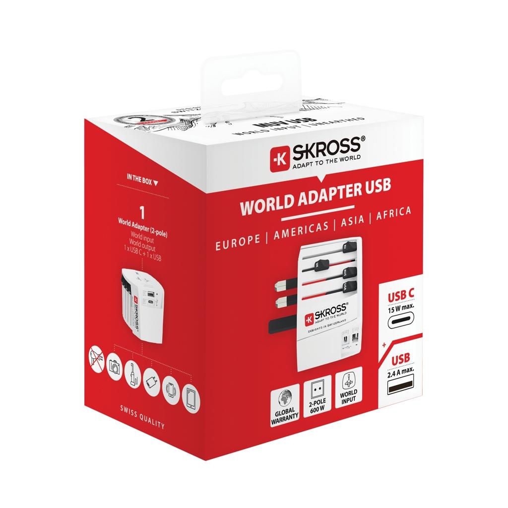 SKROSS World Travel Adapter MUV 2-pole with USB A and C transparent
