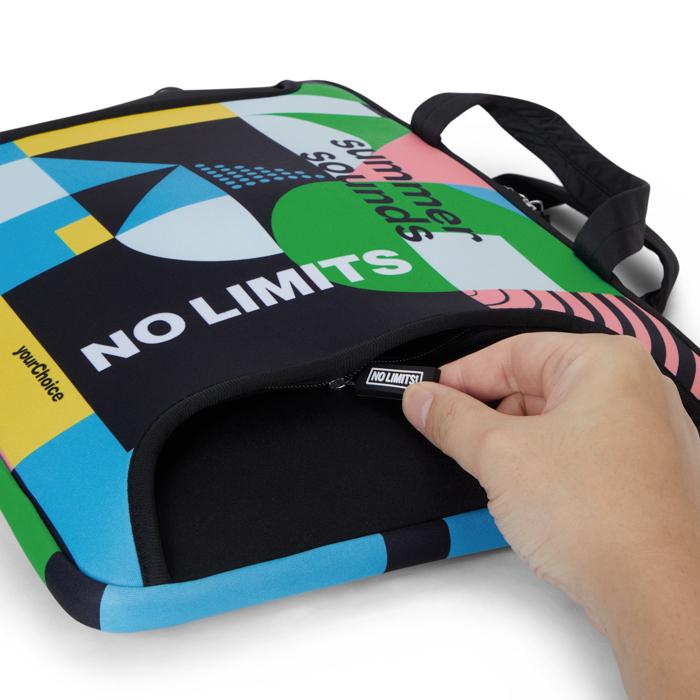 Manșon pentru laptop din neopren sublimat cu fermoar și buzunar frontal. 13