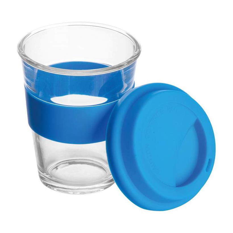 Cană din sticlă cu manșon și capac din silicon. Albastru