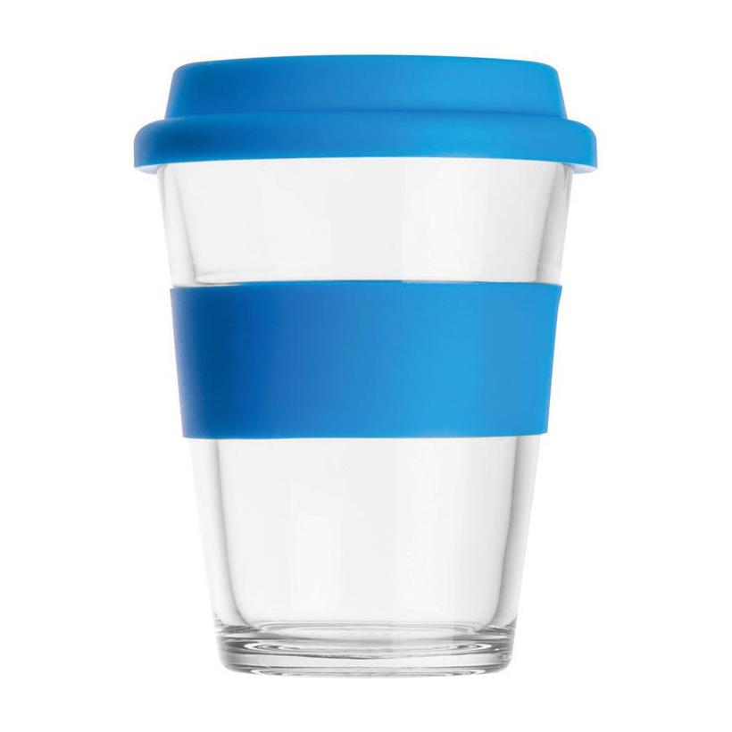 Cană din sticlă cu manșon și capac din silicon. Albastru