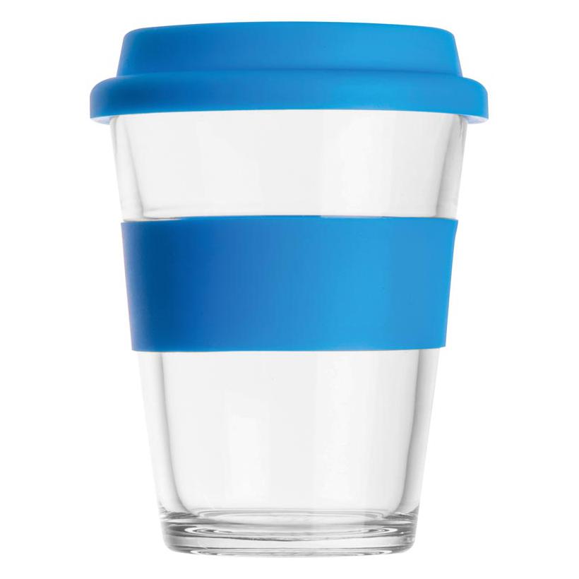 Cană din sticlă cu manșon și capac din silicon. Albastru