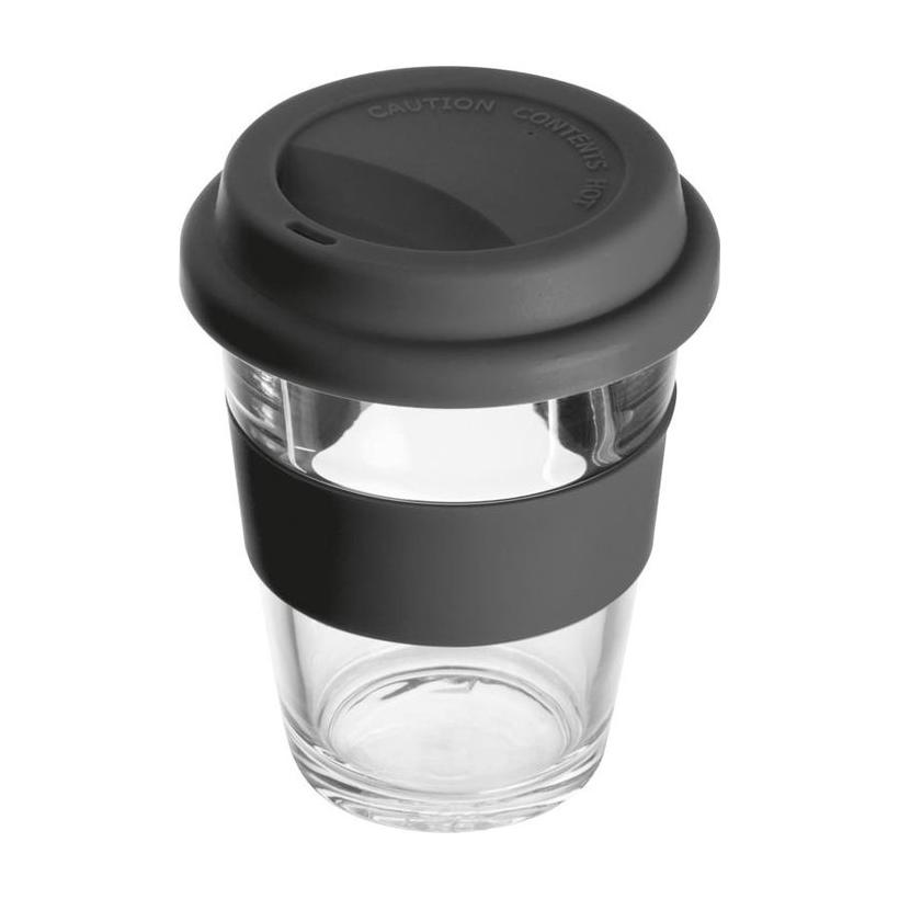 Cană din sticlă cu manșon și capac din silicon. Negru