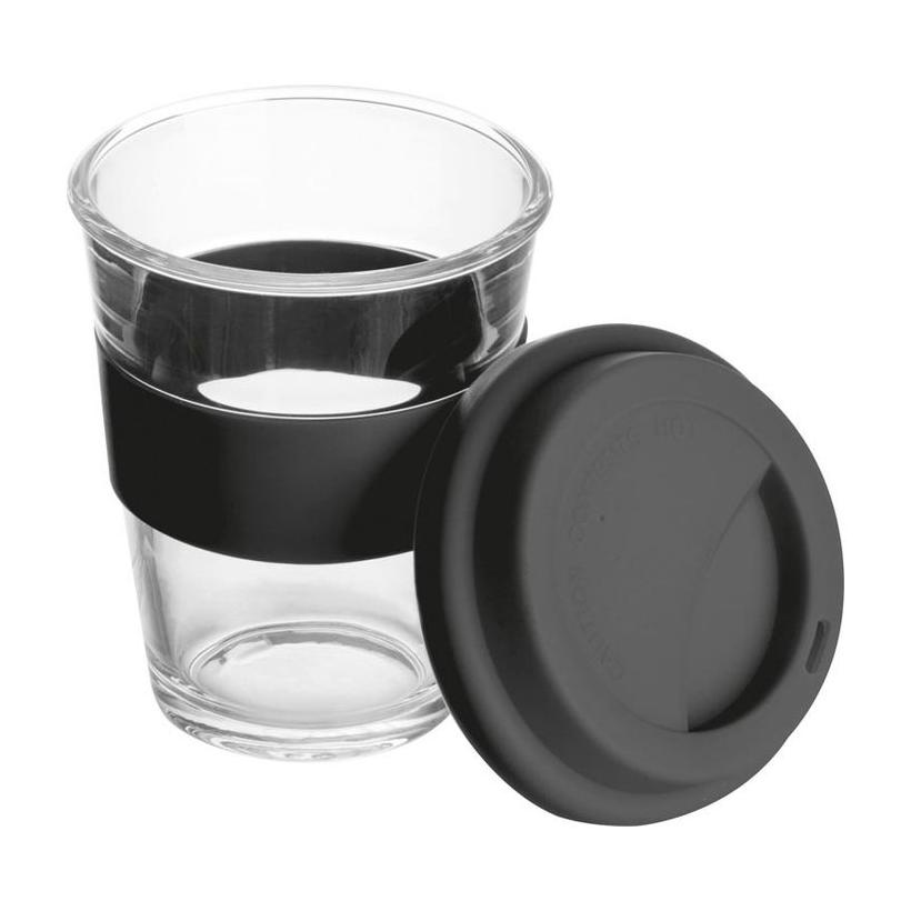 Cană din sticlă cu manșon și capac din silicon. Negru