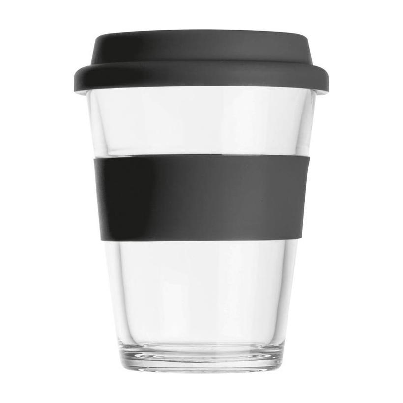 Cană din sticlă cu manșon și capac din silicon. Negru