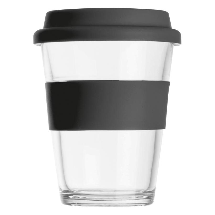 Cană din sticlă cu manșon și capac din silicon. Negru