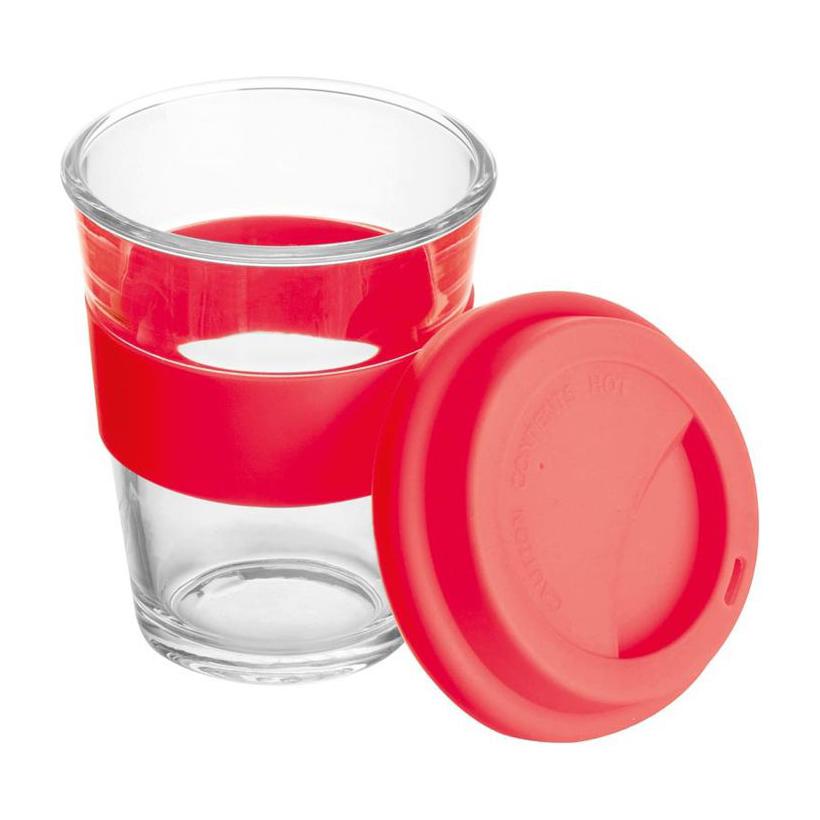 Cană din sticlă cu manșon și capac din silicon. Rosu