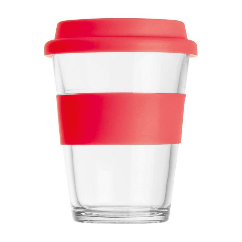 Cană din sticlă cu manșon și capac din silicon. Rosu