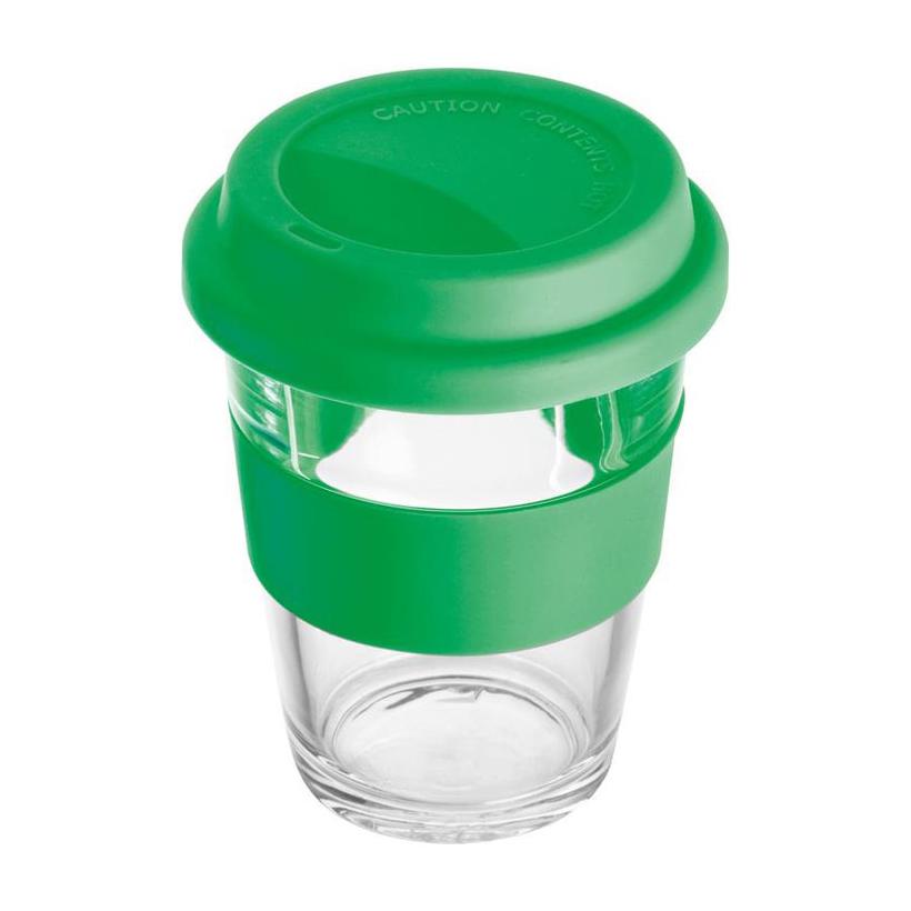 Cană din sticlă cu manșon și capac din silicon. Verde