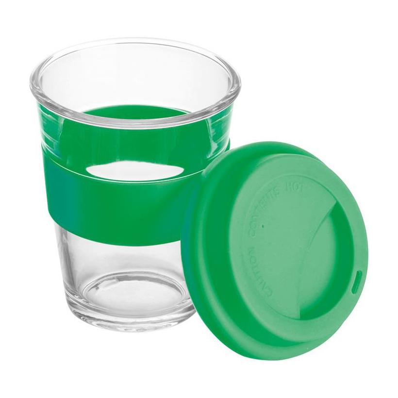 Cană din sticlă cu manșon și capac din silicon. Verde