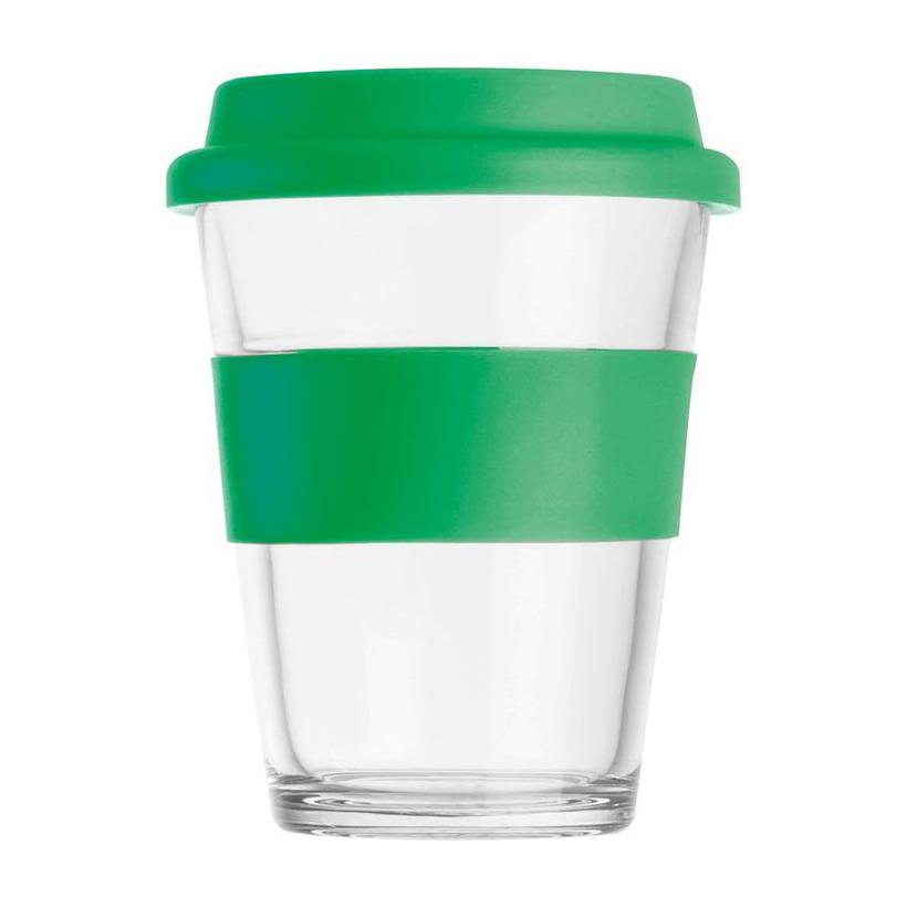 Cană din sticlă cu manșon și capac din silicon. Verde