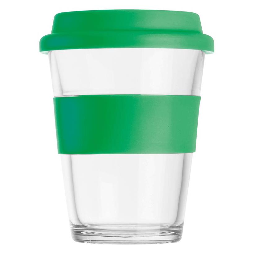 Cană din sticlă cu manșon și capac din silicon. Verde