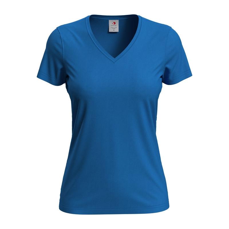 Tricou damă Classic-T cu guler în V Albastru XS