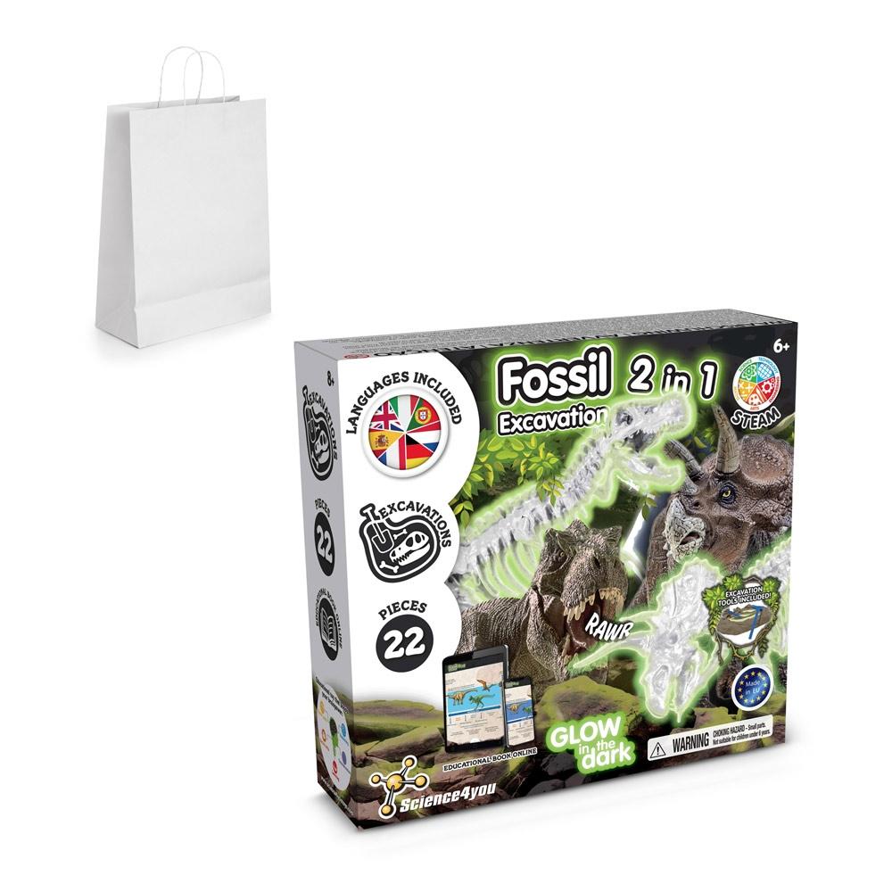 2 in 1 Fossil Excavation Kit II. Joc educațional furnizat cu o pungă cadou din hârtie kraft (90 g/m²) Alb
