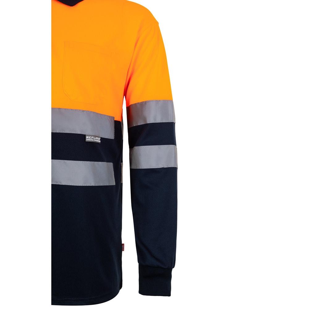 VL VULCAN. Tricou polo bicolor cu ochi de pasăre (160g/m²) cu mâneci lungi, din poliester (100%) Albastru Portocaliu XXL