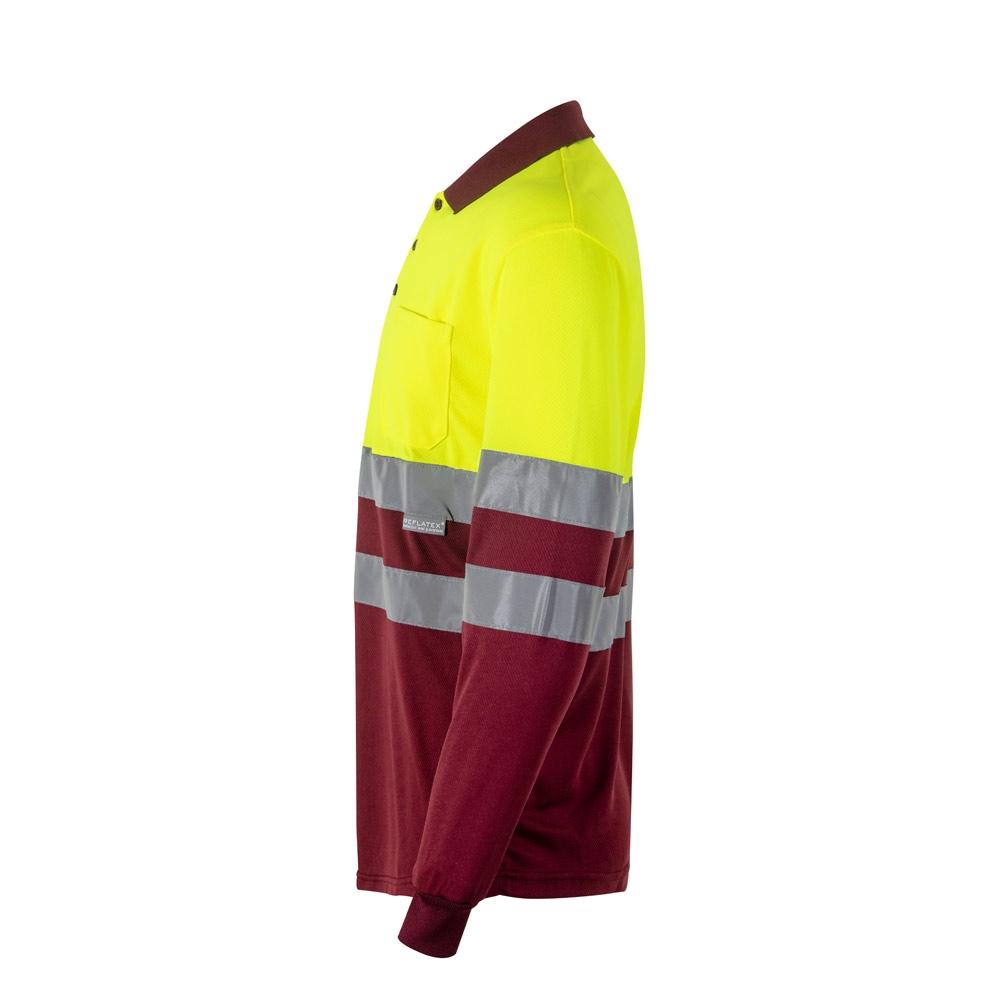 VL VULCAN. Tricou polo bicolor cu ochi de pasăre (160g/m²) cu mâneci lungi, din poliester (100%) Burgundia Galben 3XL
