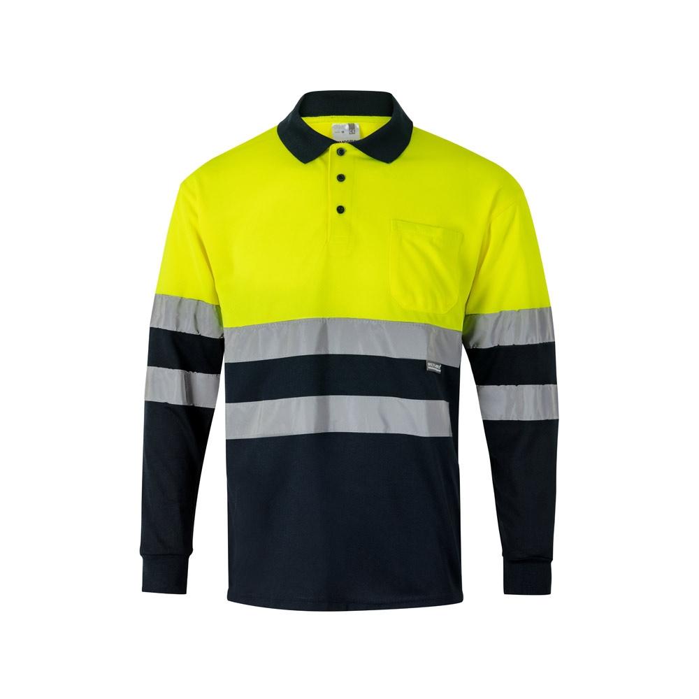 VL VULCAN LARGE. Tricou polo bicolor în formă de ochi de pasăre (160g/m²) cu mâneci lungi, din poliester (100%) Albastru Galben