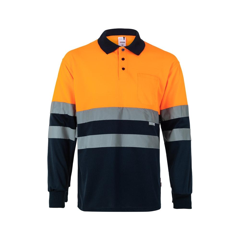 VL VULCAN LARGE. Tricou polo bicolor în formă de ochi de pasăre (160g/m²) cu mâneci lungi, din poliester (100%) Albastru Portocaliu