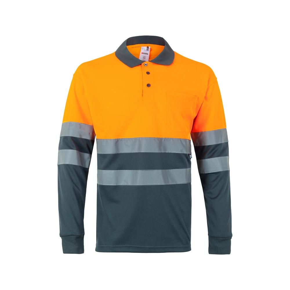 VL VULCAN LARGE. Tricou polo bicolor în formă de ochi de pasăre (160g/m²) cu mâneci lungi, din poliester (100%) Gri Portocaliu