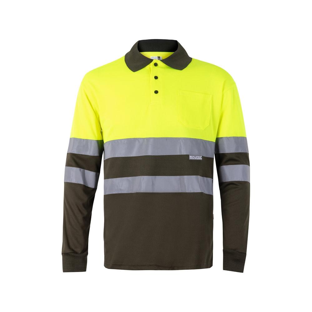 VL VULCAN LARGE. Tricou polo bicolor în formă de ochi de pasăre (160g/m²) cu mâneci lungi, din poliester (100%) Verde armată Galben