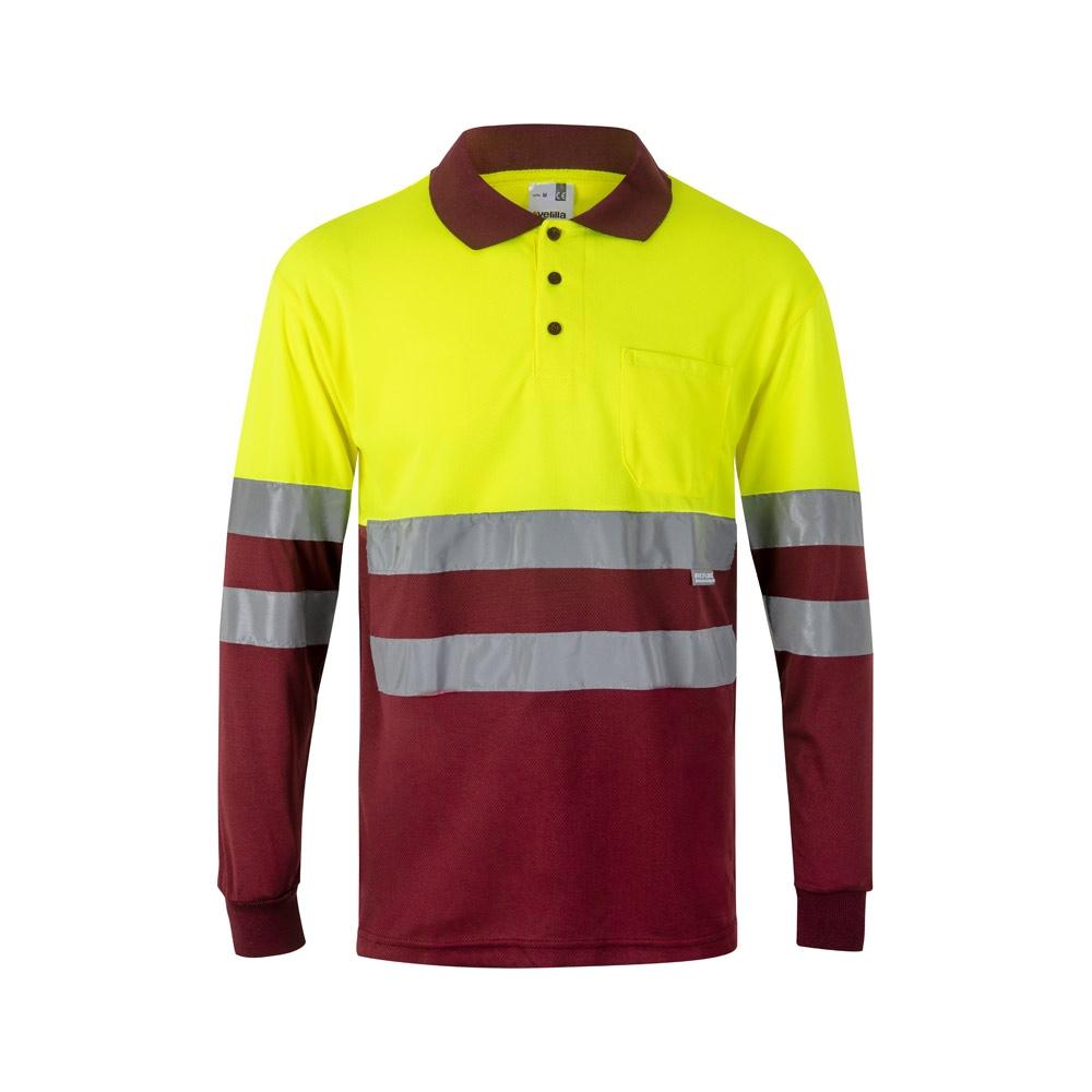 VL VULCAN LARGE. Tricou polo bicolor în formă de ochi de pasăre (160g/m²) cu mâneci lungi, din poliester (100%) Burgundia Galben