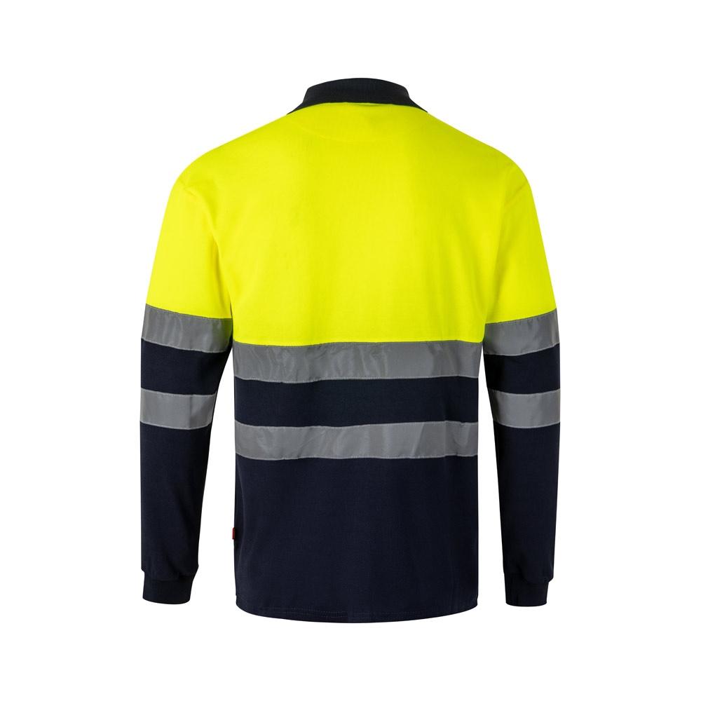 VL PLUTO. Tricou polo piqué bicolor (150g/m²) cu mâneci lungi, din bumbac (55%) și poliester (45%) Albastru Galben