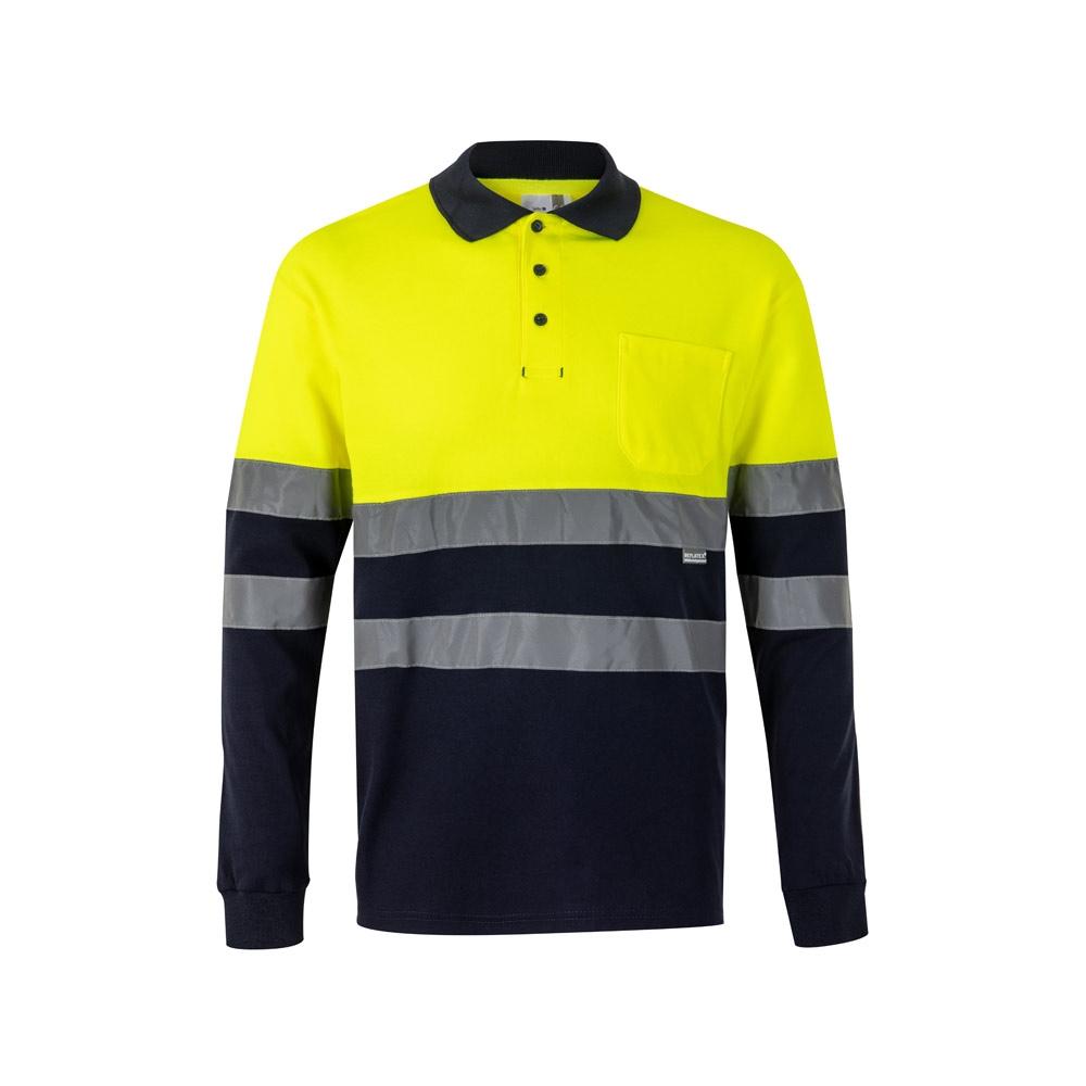 VL PLUTO. Tricou polo piqué bicolor (150g/m²) cu mâneci lungi, din bumbac (55%) și poliester (45%) Albastru Galben M