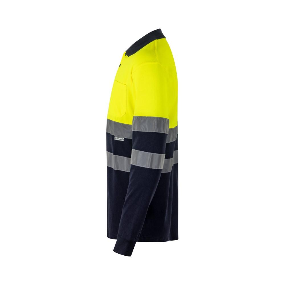 VL PLUTO. Tricou polo piqué bicolor (150g/m²) cu mâneci lungi, din bumbac (55%) și poliester (45%) Albastru Galben M