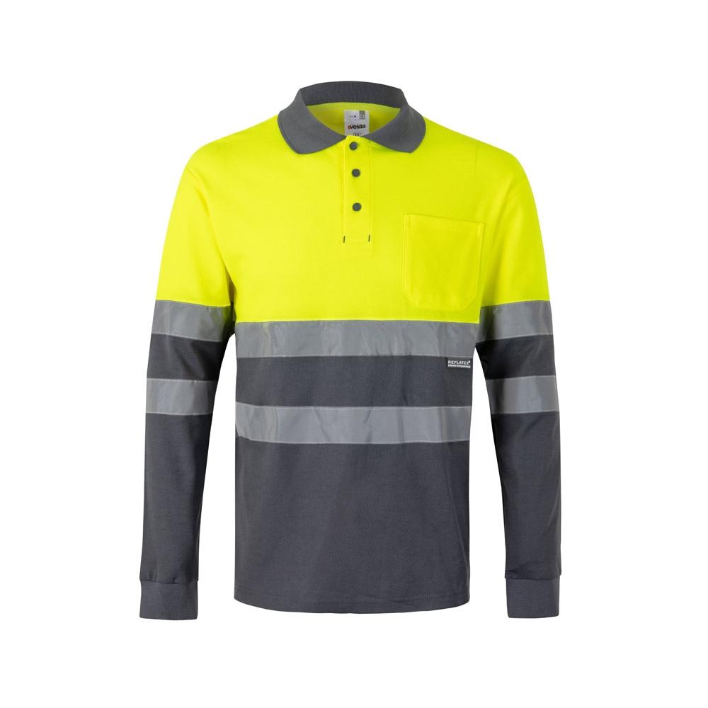 VL PLUTO. Tricou polo piqué bicolor (150g/m²) cu mâneci lungi, din bumbac (55%) și poliester (45%) Gri Galben