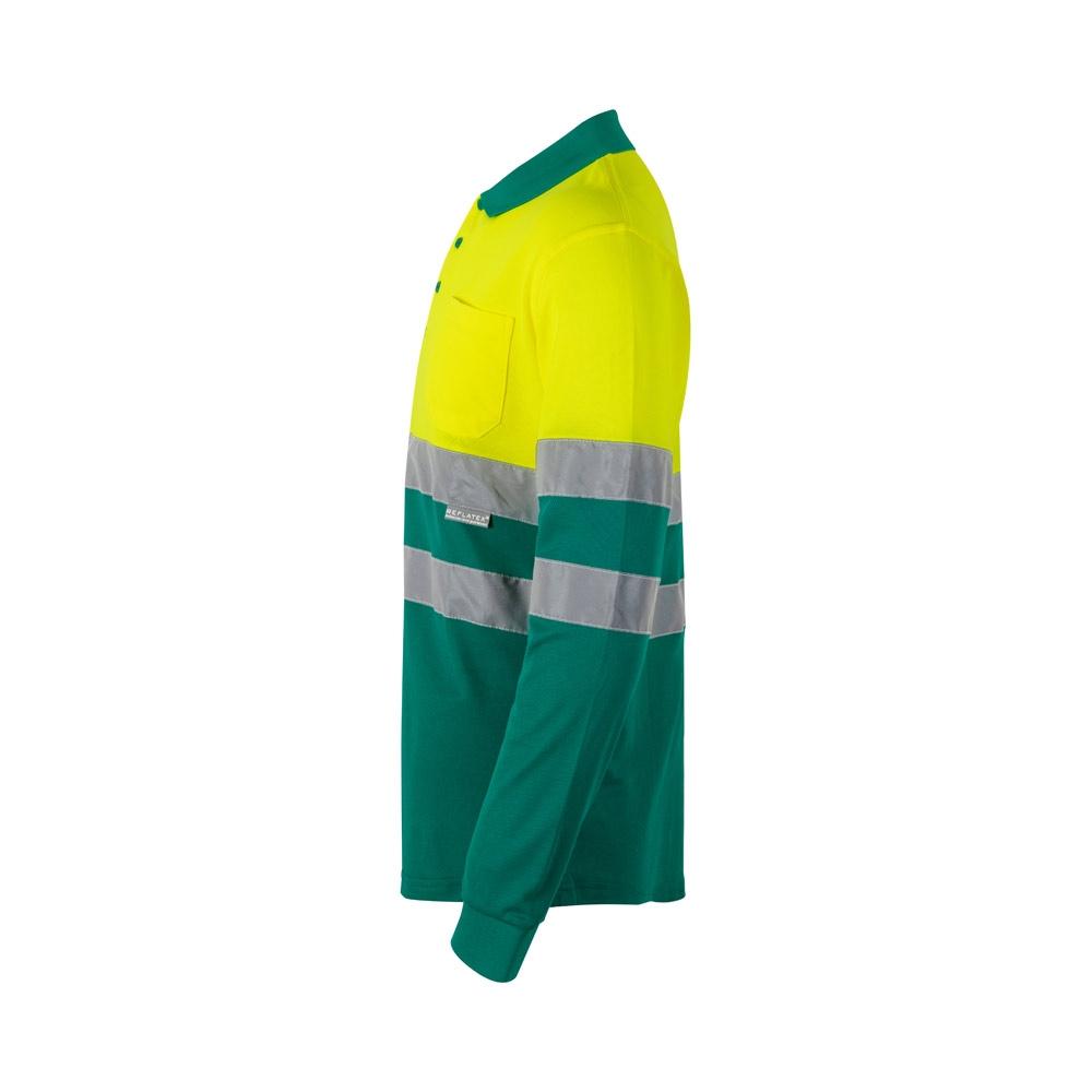 VL PLUTO. Tricou polo piqué bicolor (150g/m²) cu mâneci lungi, din bumbac (55%) și poliester (45%) Verde Galben 3XL