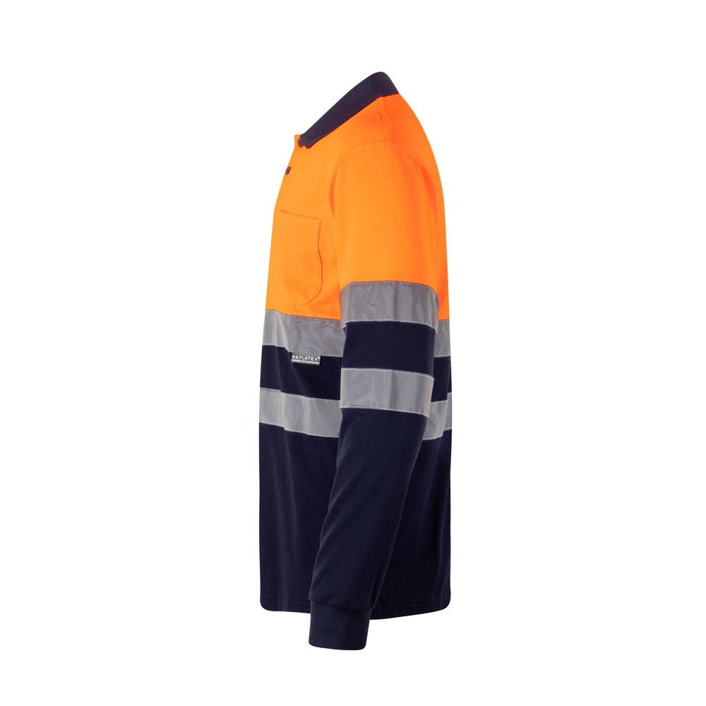 VL PLUTO. Tricou polo piqué bicolor (150g/m²) cu mâneci lungi, din bumbac (55%) și poliester (45%) Albastru Portocaliu M