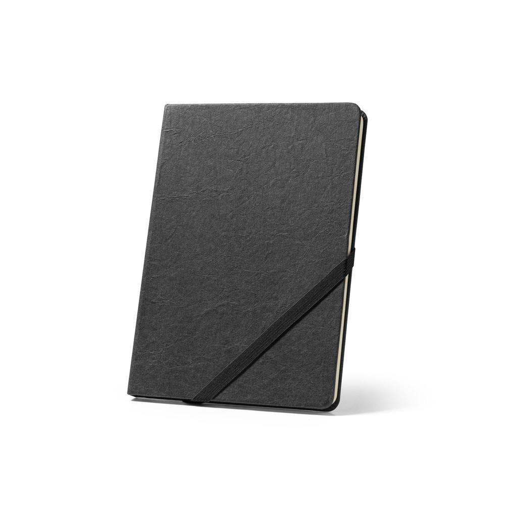 HUXLEY. Blocnotes A5, realizat din hârtie rezistentă la apă, cu pagini liniate realizate dintr-un material certificat FSC™ și alte materiale controlate Negru