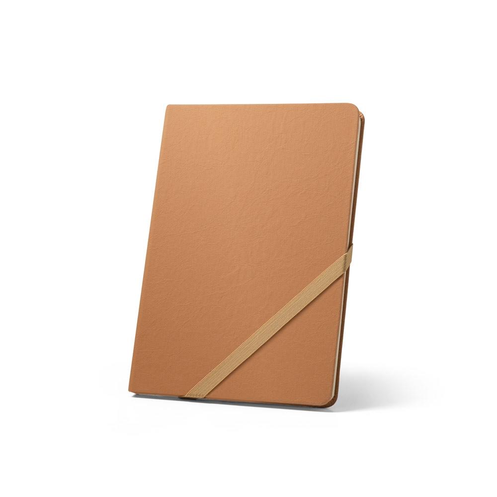 HUXLEY. Blocnotes A5, realizat din hârtie rezistentă la apă, cu pagini liniate realizate dintr-un material certificat FSC™ și alte materiale controlate Maro deschis