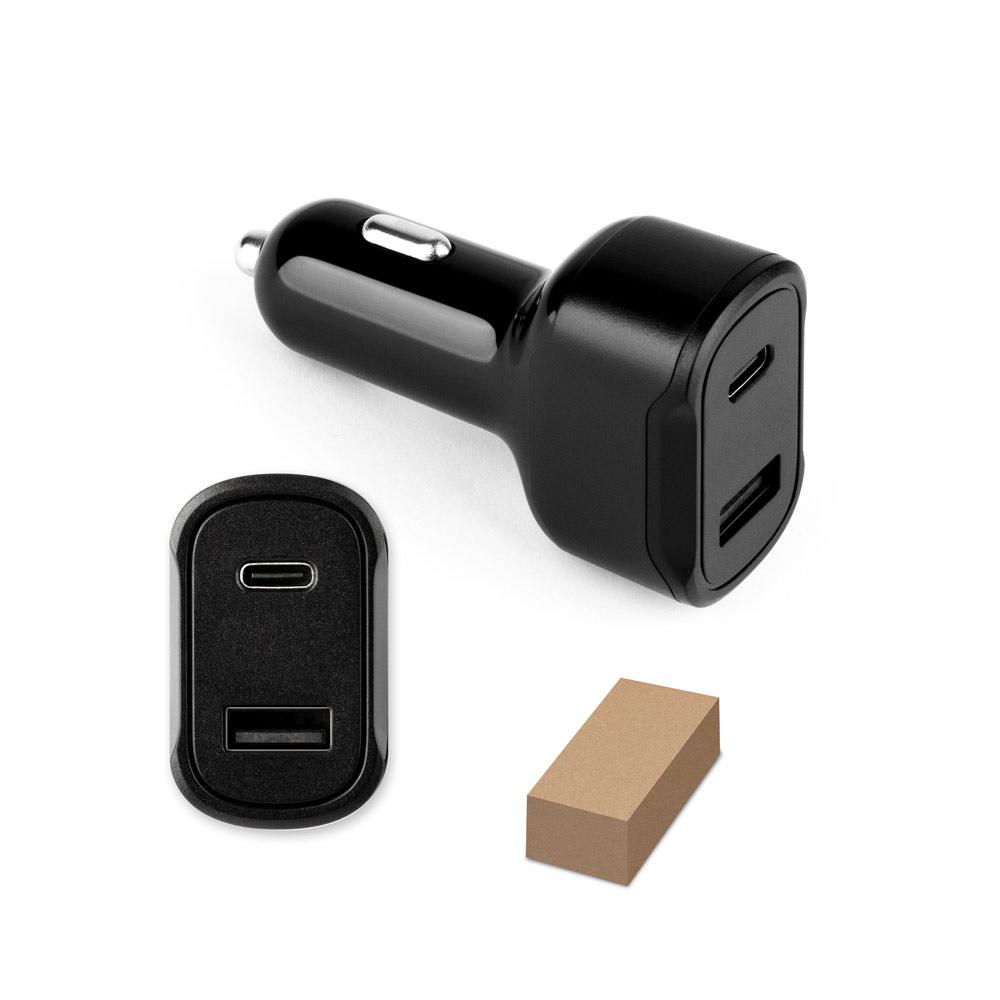 DIRAC. Adaptor pentru brichetă cu port USB-A 18W și USB-C 20W în 100% rABS Negru