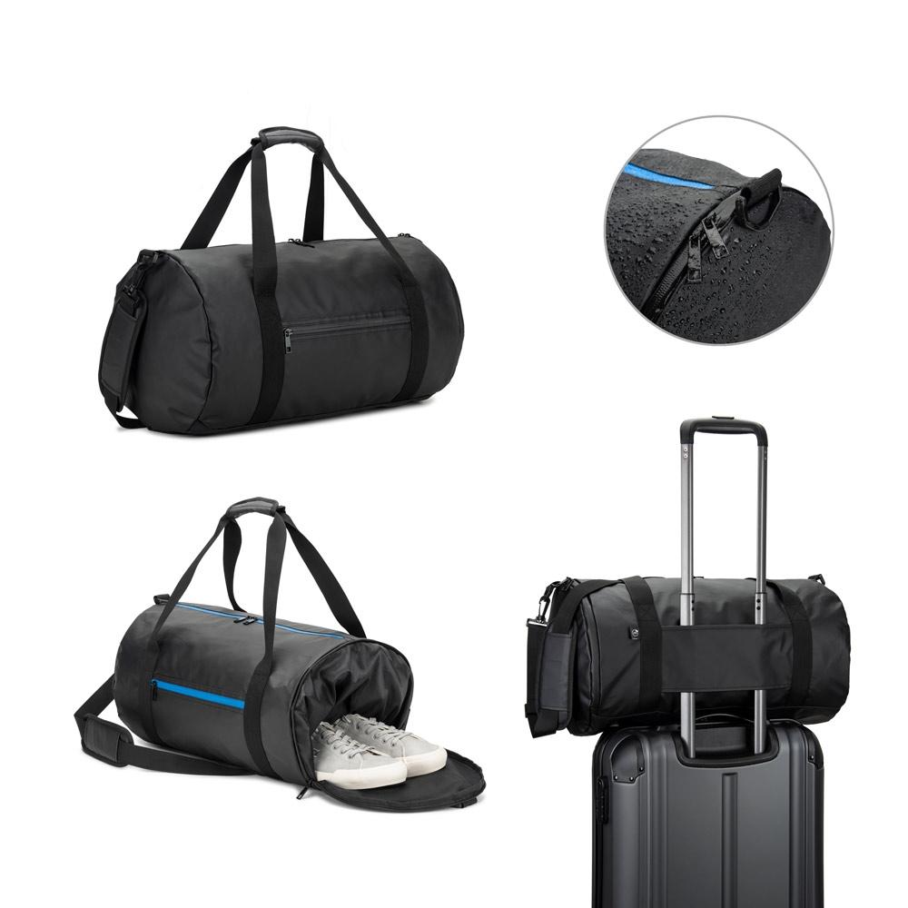 Geantă sport cilindrică Osasco Sport din poliester reciclat 600D, compartiment pantofi Negru