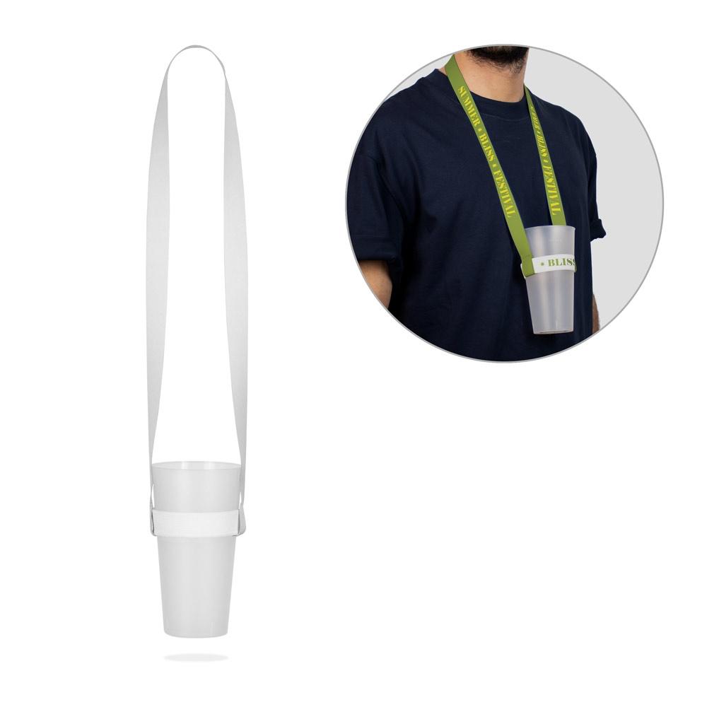 Lanyard Oxford din poliester reciclat rPET, suport elastic pentru pahare Alb