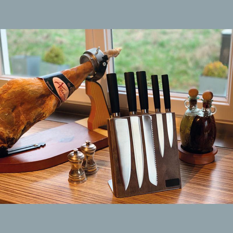 Set de 5 cuţite din inox pe suport din lemn Negru