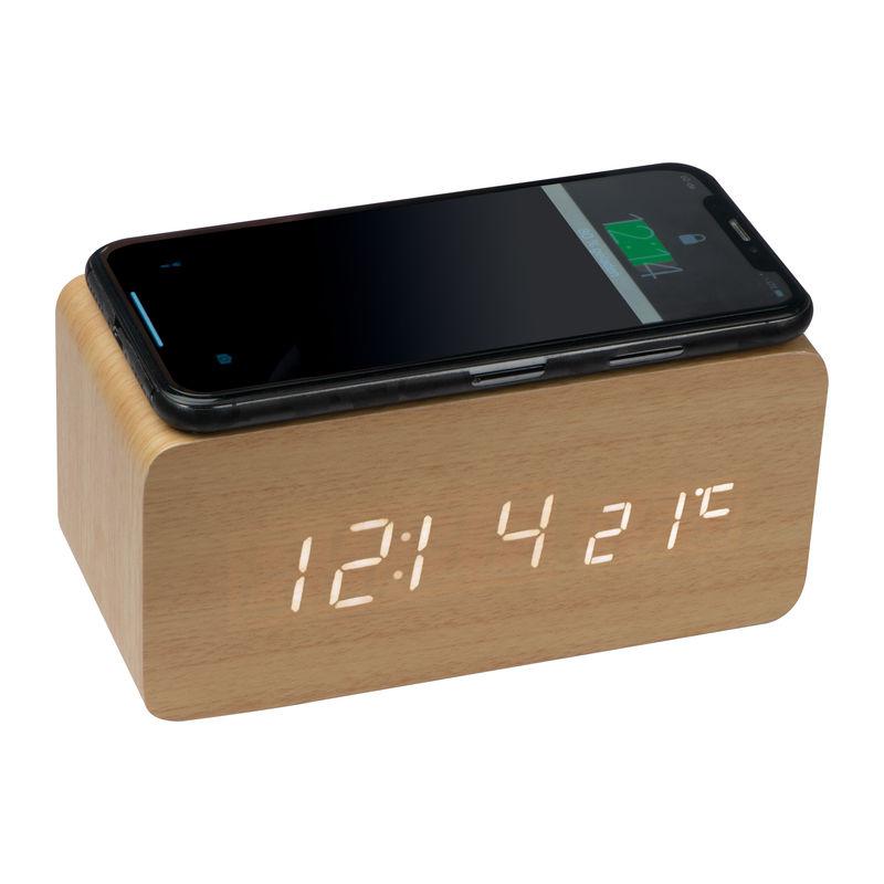 Ceas din lemn, cu încărcător wireless Beige