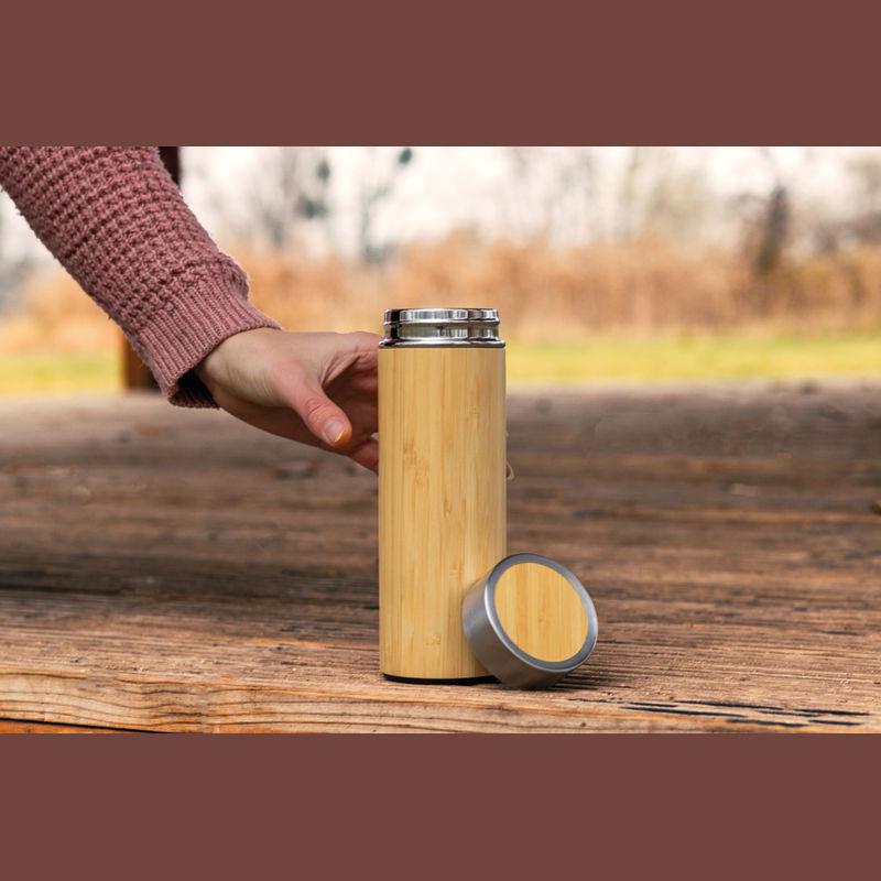 Cană din oțel inoxidabil cu bambus, 350 ml Beige