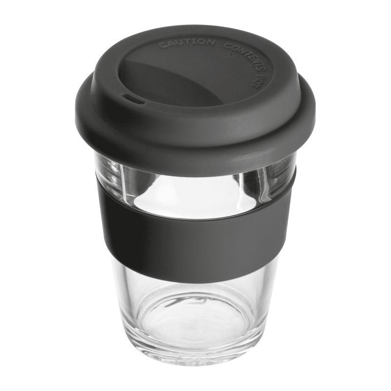 Cană din sticlă cu manșon și capac din silicon. Negru